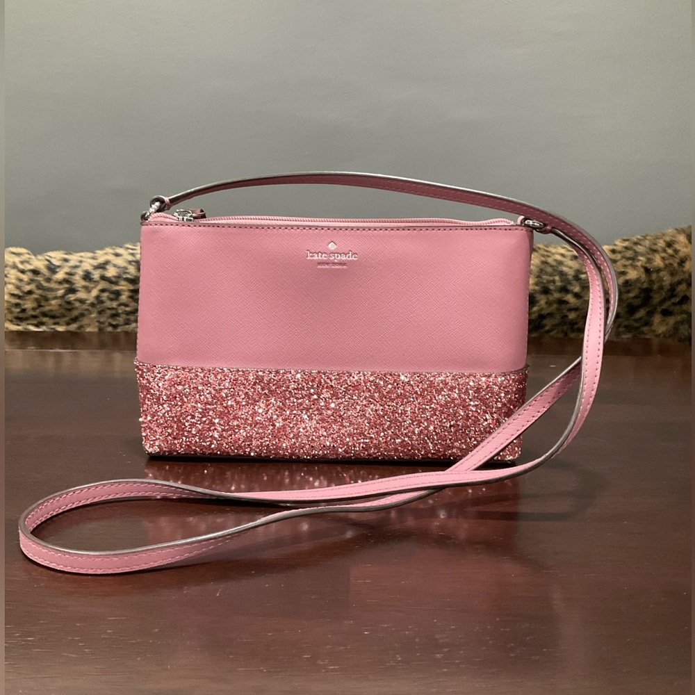 KATE SPADE NY RAMEY GRETA SAFFIANO LEATHER GLITTER SMALL PINK PEONY CROSSBODY